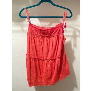Anthropologie Detail Embroidered Coral Scallop Edged Top Tassel Straps Sz Large